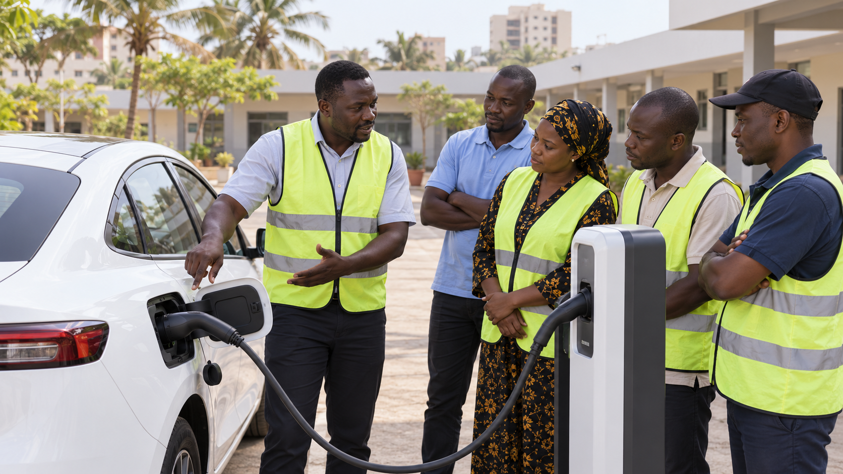 Illustration conceptuelle de chauffeurs apprenant à recharger un véhicule électrique