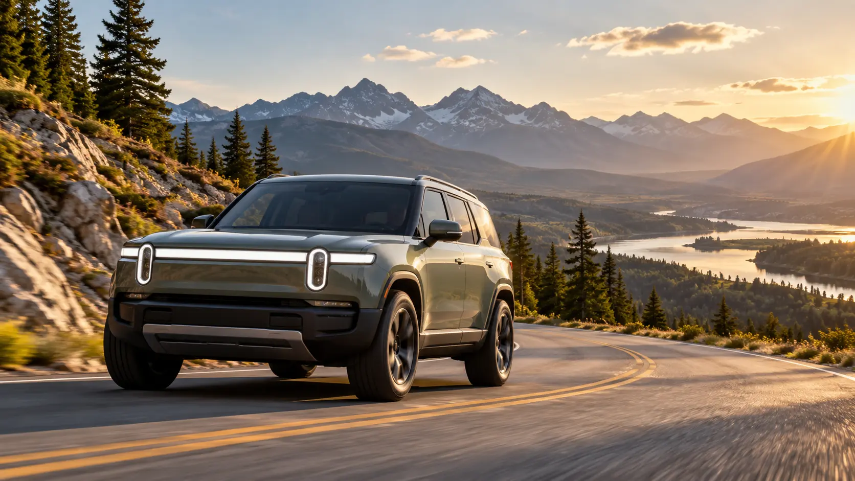 Illustration d'un SUV électrique sur une route panoramique