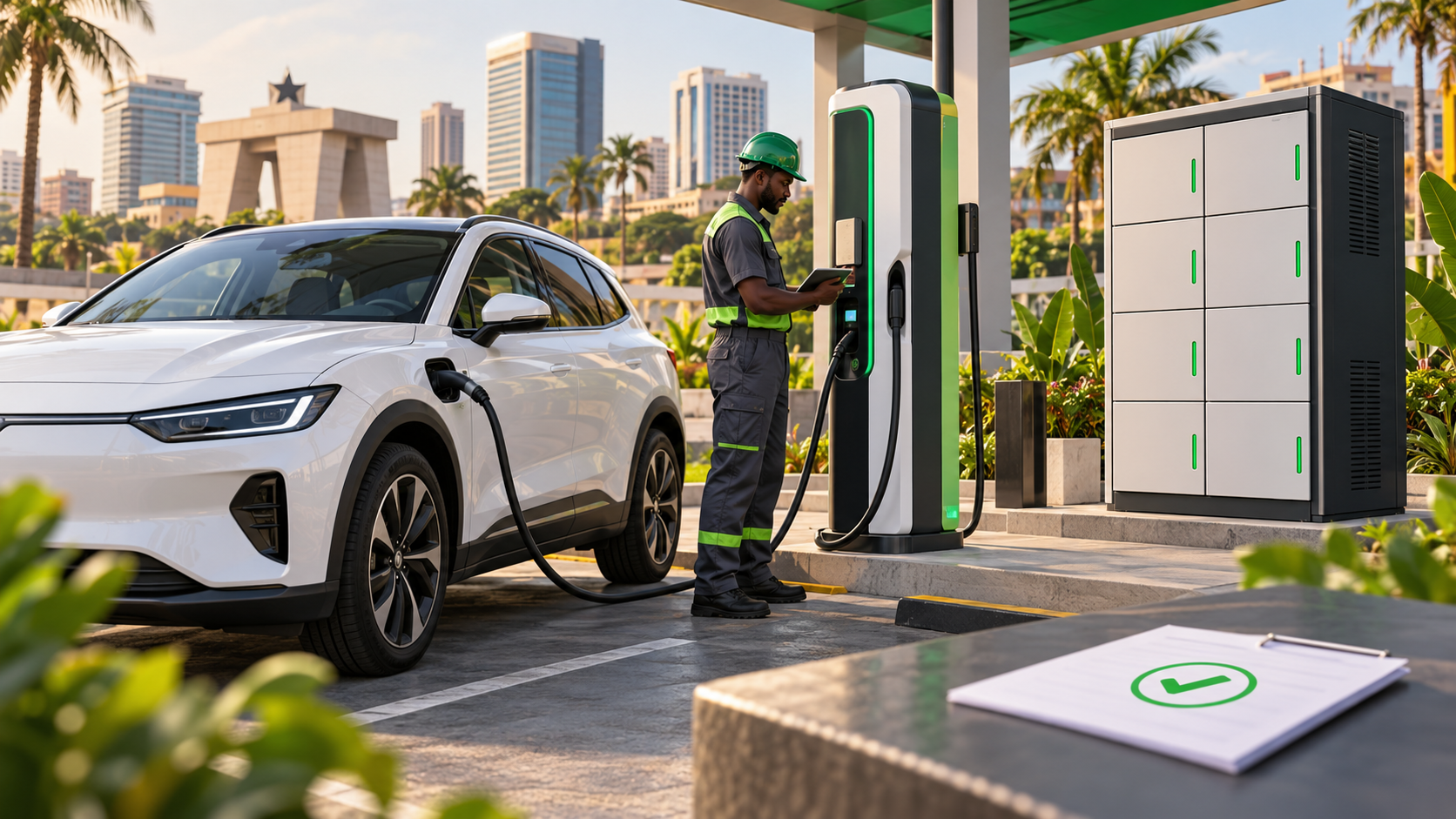 Illustration conceptuelle IA : contrôle d’une borne de recharge et armoire de batteries dans un environnement urbain au Ghana.