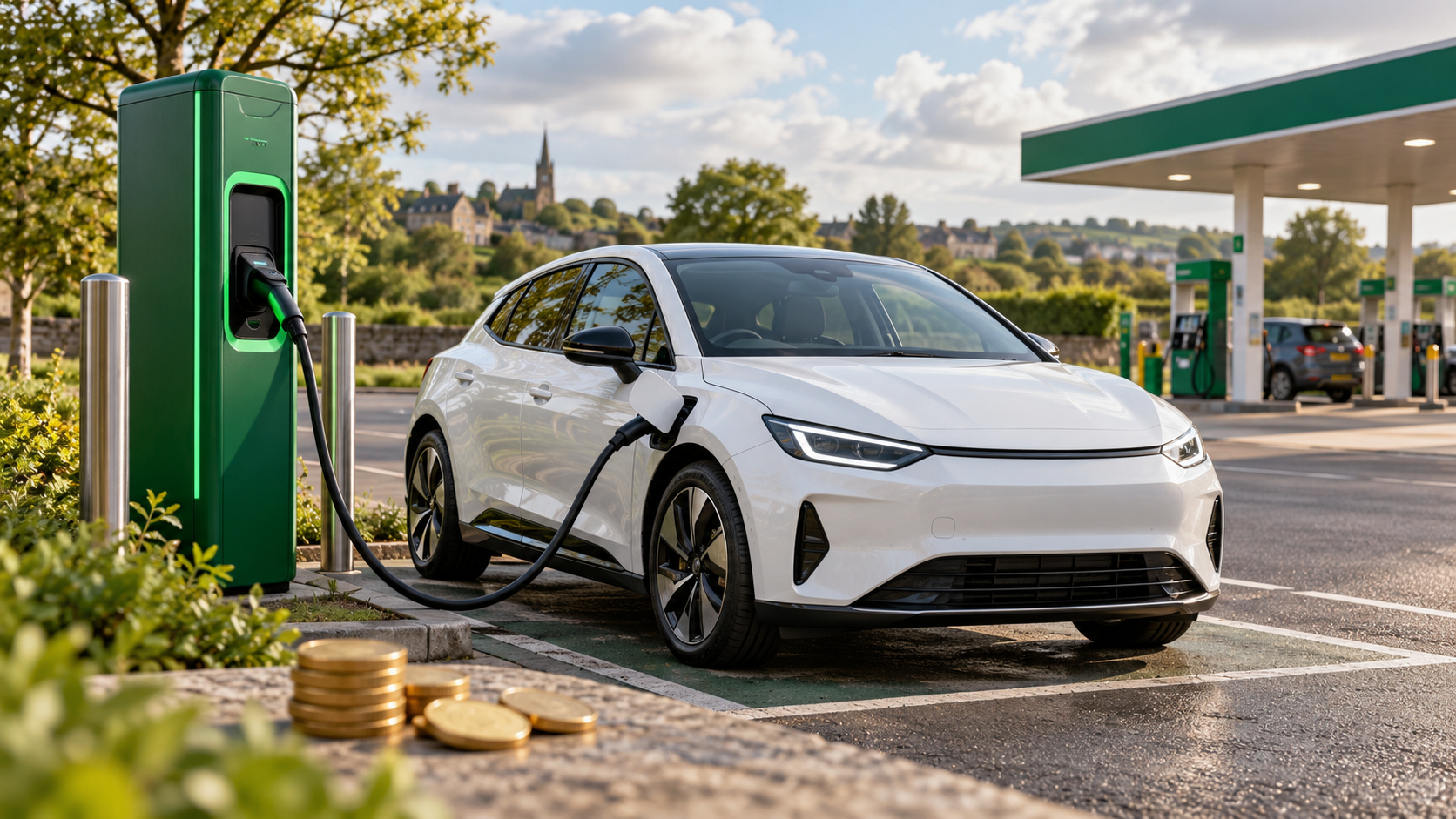 Illustration conceptuelle IA : voiture électrique en recharge publique, station-service et pièces symbolisant les coûts au Royaume-Uni.