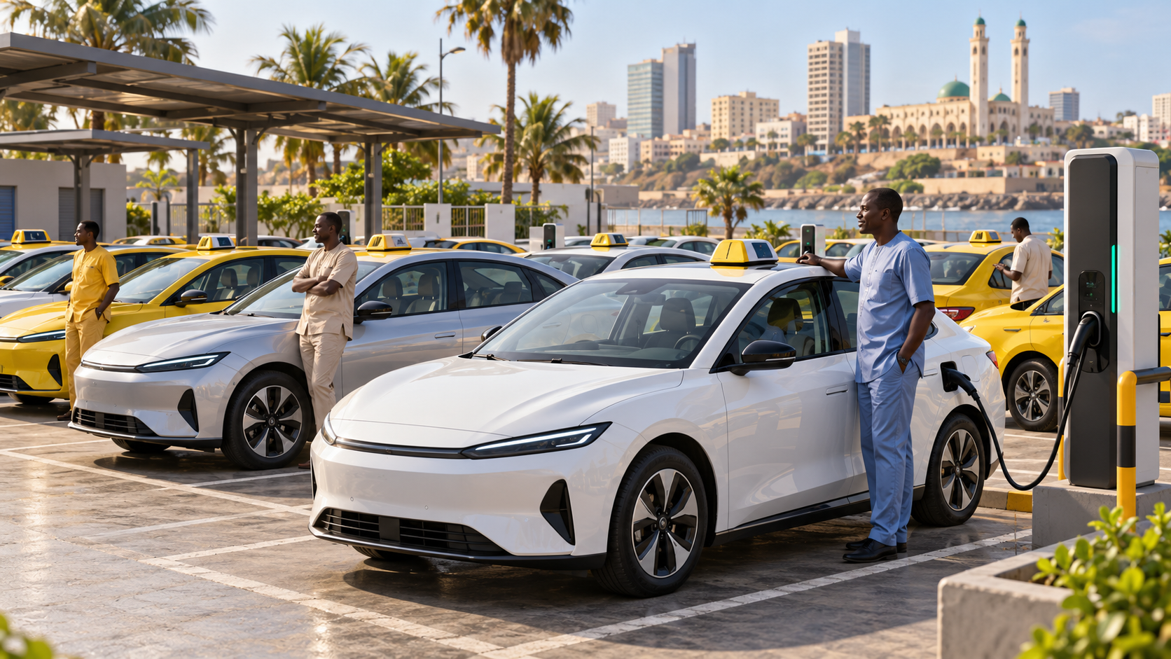 Illustration conceptuelle d’une flotte de taxis électriques en recharge à Dakar