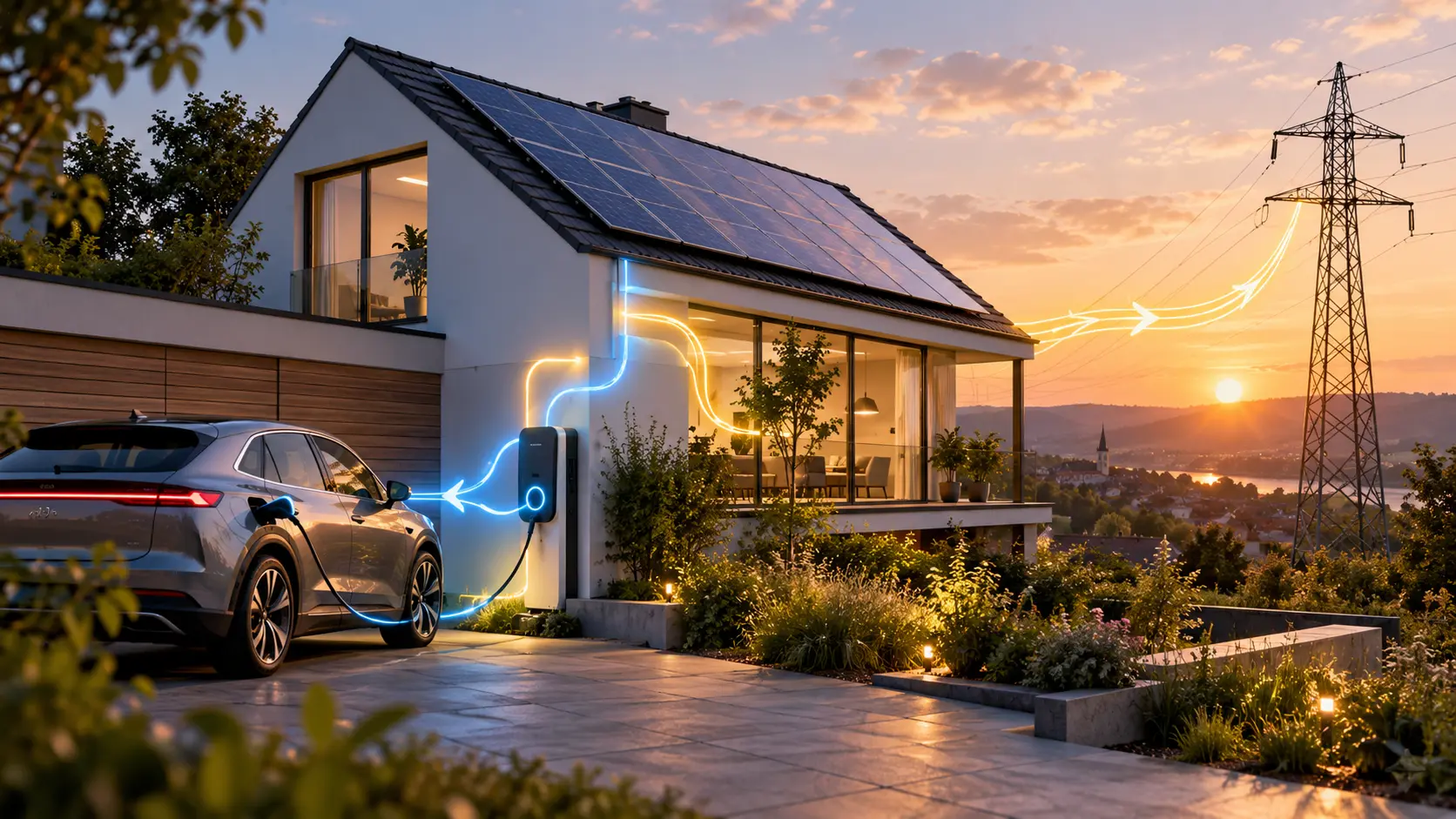 Illustration d'une maison solaire reliée à une voiture électrique en recharge bidirectionnelle