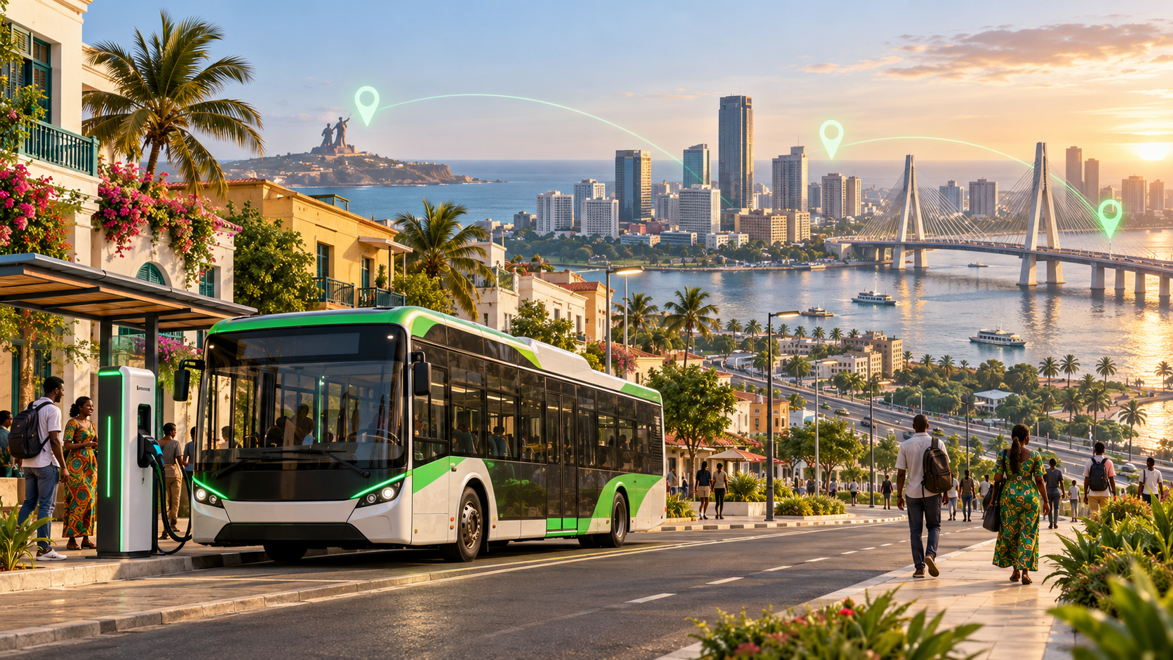 Illustration conceptuelle IA : bus électrique et mobilité urbaine dans un paysage réunissant Dakar et Abidjan.