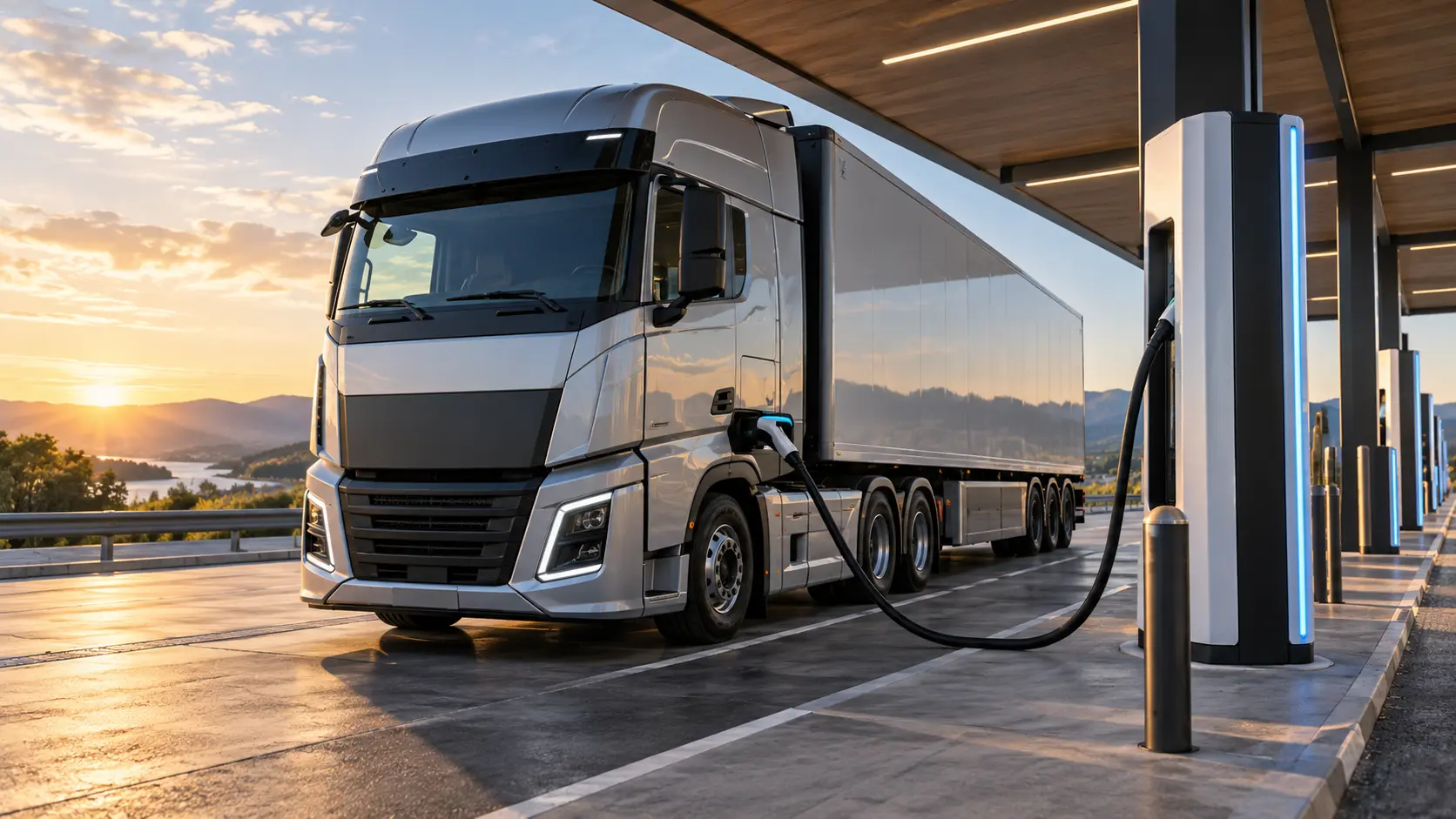Illustration d'un camion électrique en recharge haute puissance