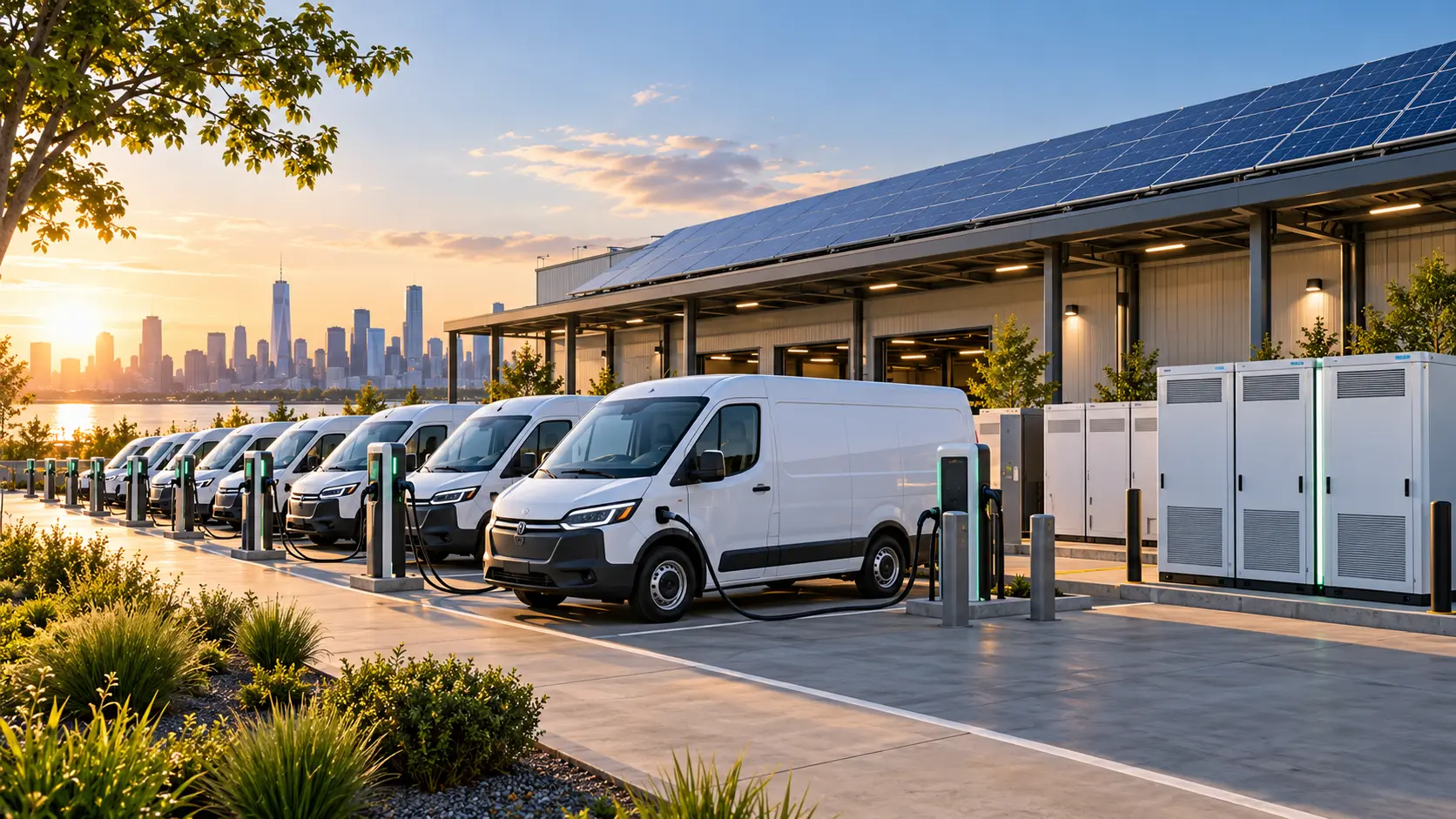 Illustration de véhicules de flotte électriques en recharge au New Jersey