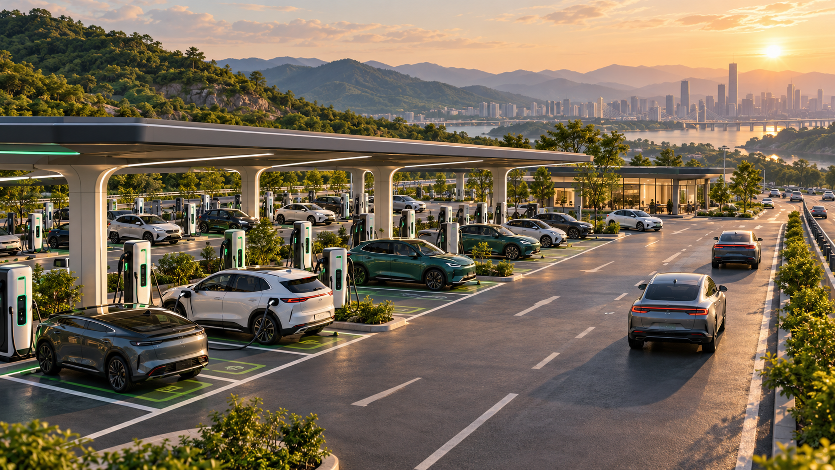 Illustration conceptuelle IA : aire de recharge autoroutière avec plusieurs voitures électriques en Chine.
