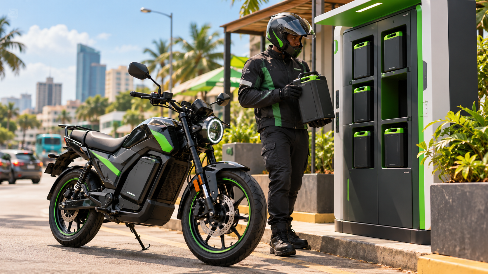 Illustration conceptuelle IA : motocycliste échangeant une batterie près d’une moto électrique au Ghana.
